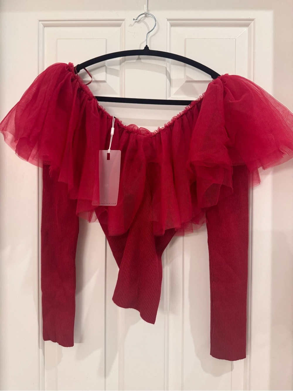 Endless Rose Red Off-Shoulder Ruffled Mesh Women’s Top - Picture 2 of 3